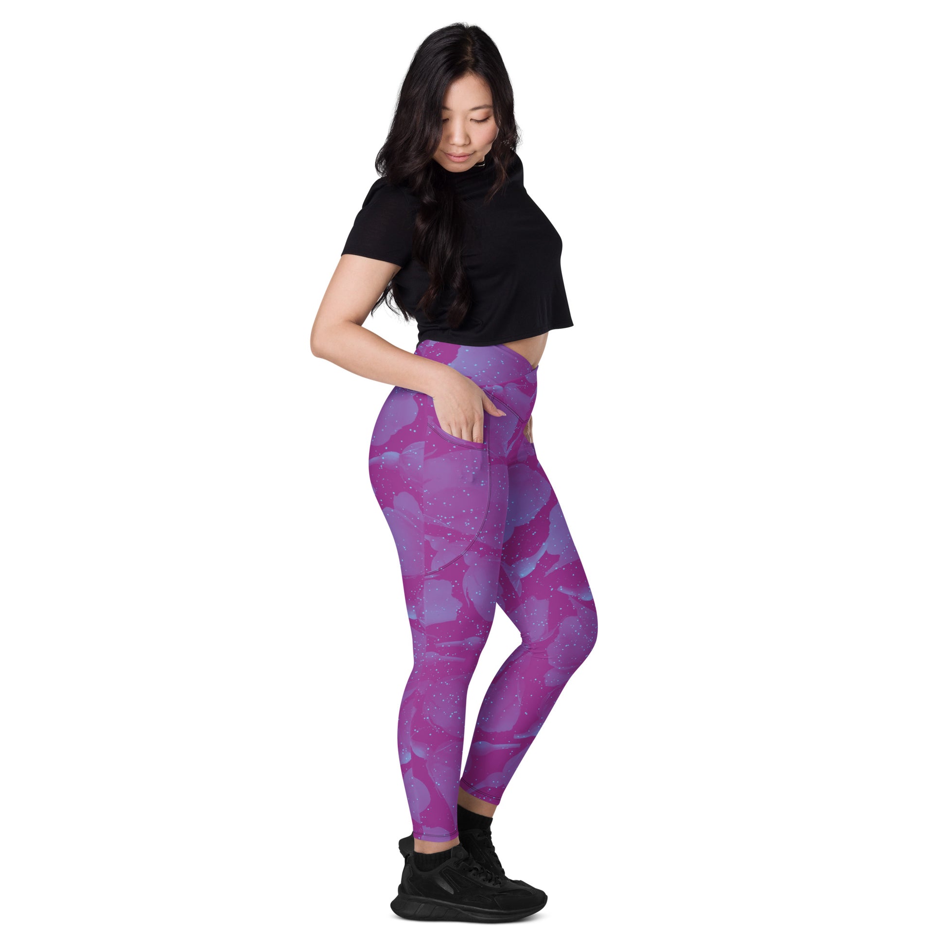 Night Flowers Women's Recycled Crossover Leggings With Pockets - FLAKOUT