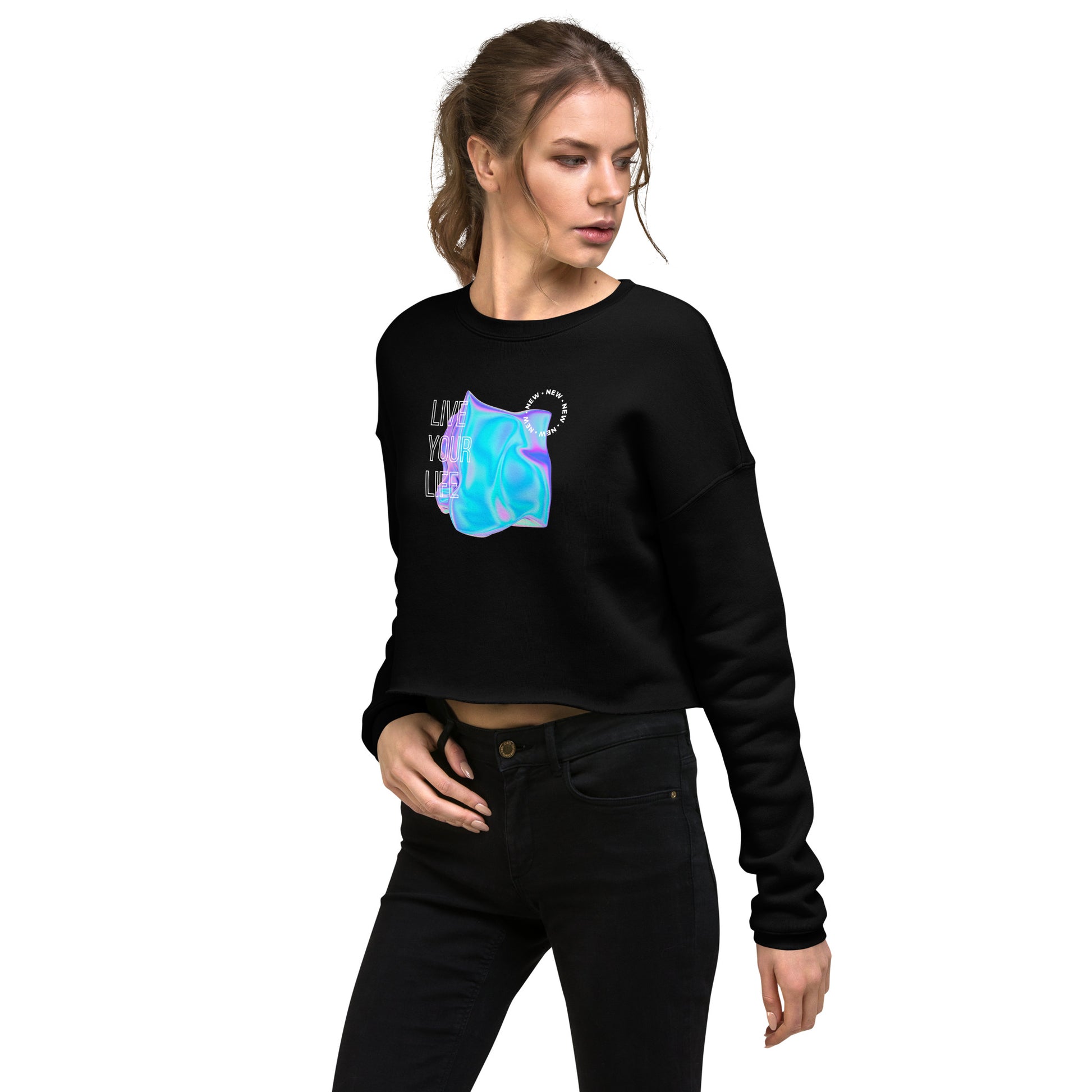 Vivid Existence Live Your Life Women's Crop Sweatshirt - Black - FLAKOUT