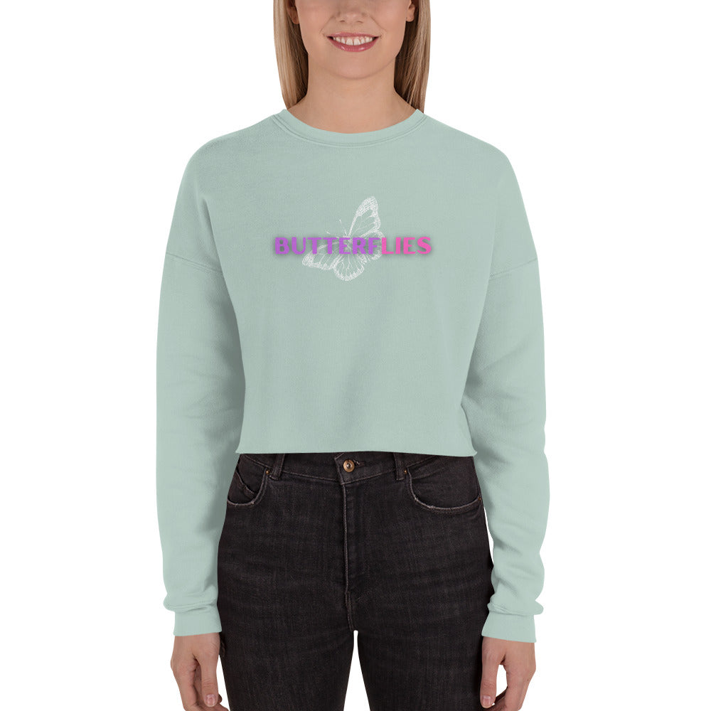 Whispers Of Wings Butterflies Women's Crop Sweatshirt - Dusty Blue - FLAKOUT