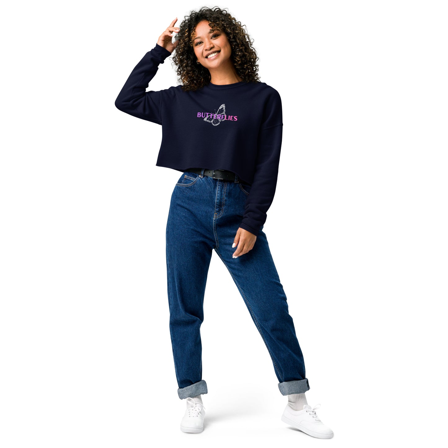 Whispers Of Wings Butterflies Women's Crop Sweatshirt - Navy - FLAKOUT